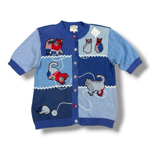 Susan Bristol Sweaters - Vtg Susan Bristol Cat Sweater Cardigan Short Sleeve Blue Patchwork 1992 Medium